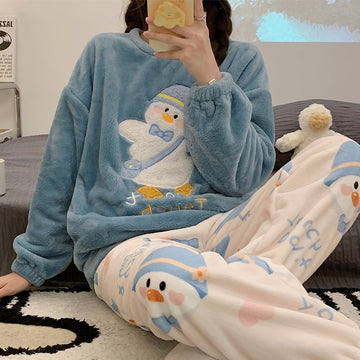 Blue and White Pajamas with Cute duck on the to set's top