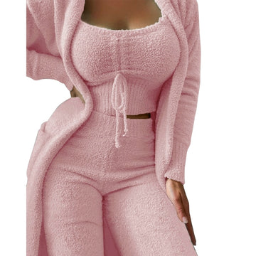 Soft Fuzzy Solid Women Three Piece Pajama Set