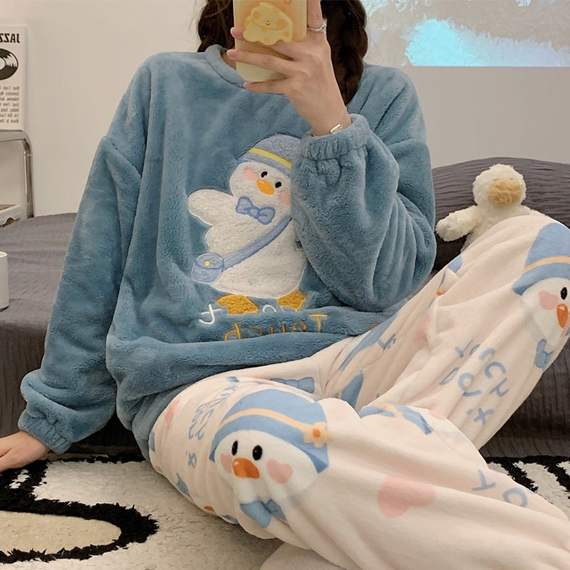 Blue and White Pajamas with Cute duck on the to set's top