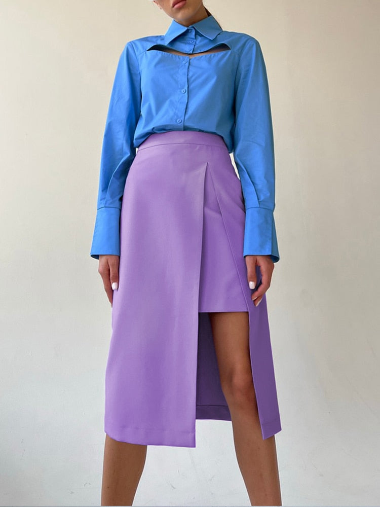 Midi Skirts Solid Purple High Waist Office Skirt