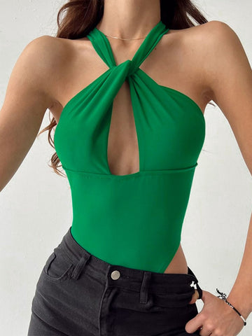 Solid Neck-mounted Hollow Out Bodysuit