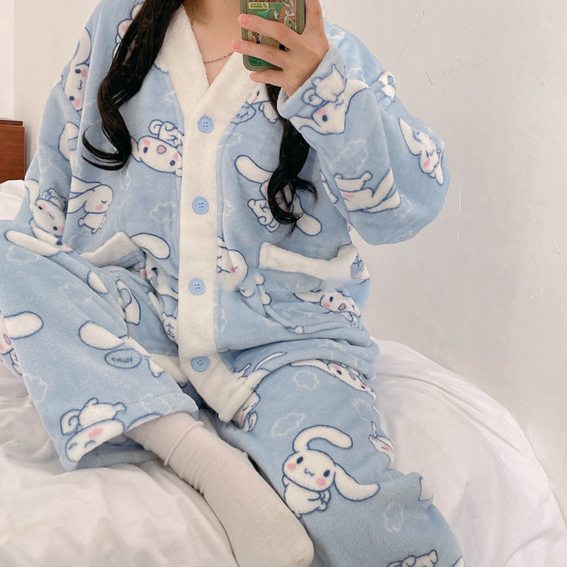 Kawaii Sanrio Pajamas Cute Cartoon Ladies Winter Coral Fleece
